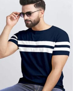 Men Striped Round Neck Cotton Blend Blue, Black T-Shirt