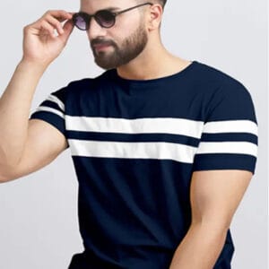 Men Striped Round Neck Cotton Blend Blue, Black T-Shirt