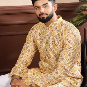 Men Printed Cotton Blend Straight Exclusive Panjabi Yellow